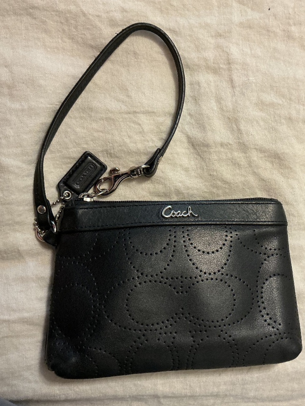 Coach Black Leather Perforated Signature C Wristlet